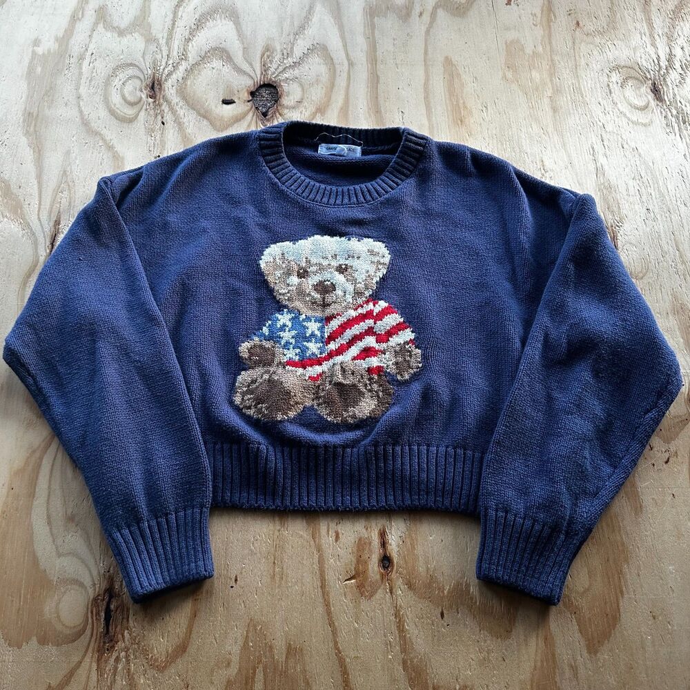 Grayson Threads Blue Cropped USA Teddy Bear Sweater - XL